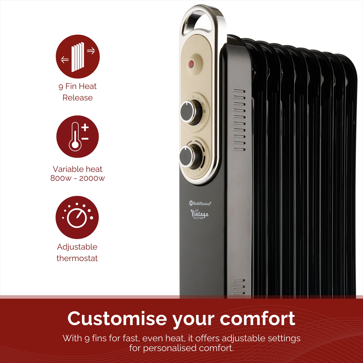 Rediffusion Vintage 9 Fin Oil Filled Radiator 2KW Black