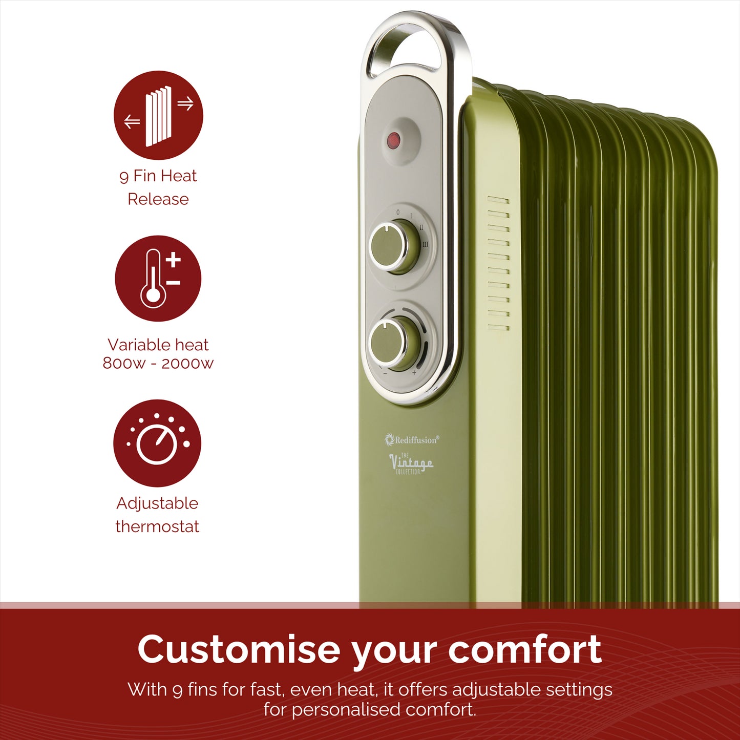 Rediffusion Vintage 9 Fin Oil Filled Radiator 2KW Sage Green