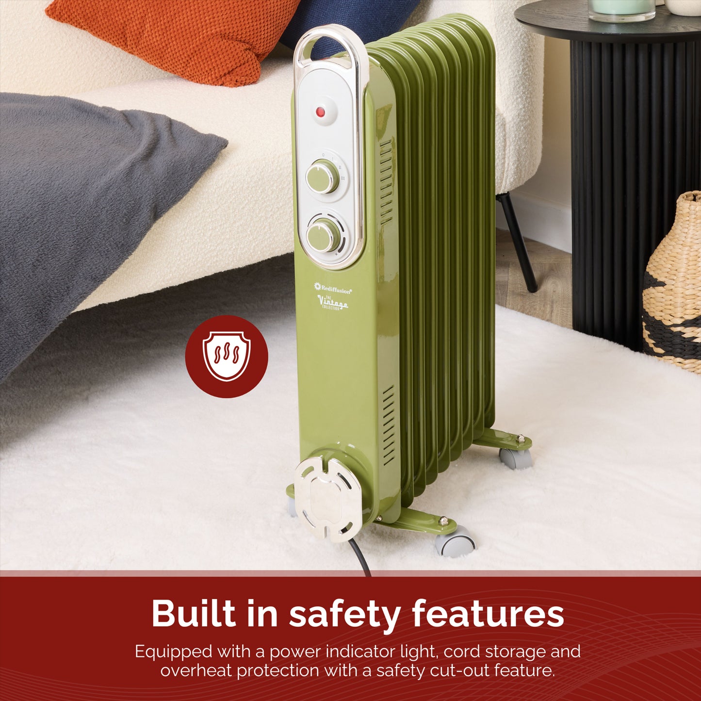 Rediffusion Vintage 9 Fin Oil Filled Radiator 2KW Sage Green