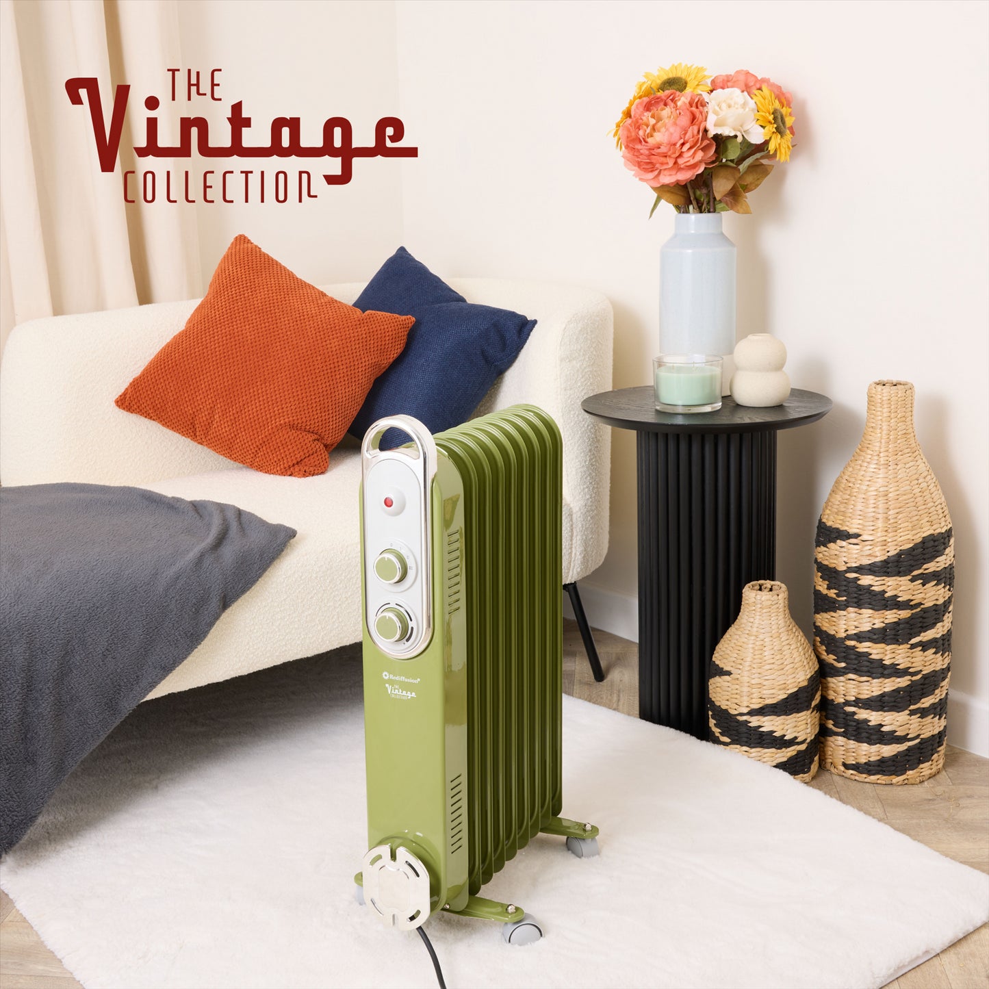 Rediffusion Vintage 9 Fin Oil Filled Radiator 2KW Sage Green
