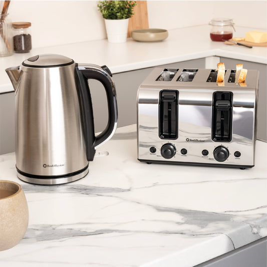 Rediffusion Brushed Stainless Steel 1.7L Kettle & 4 Slice Toaster Set