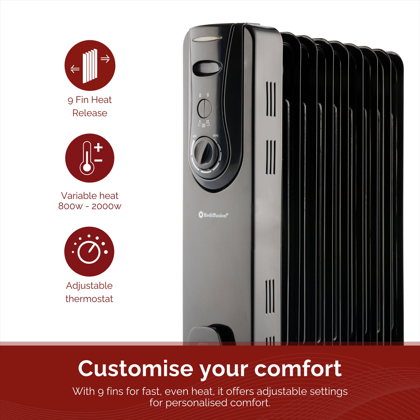Rediffusion 9 Fin Oil Filled Radiator 2KW Black