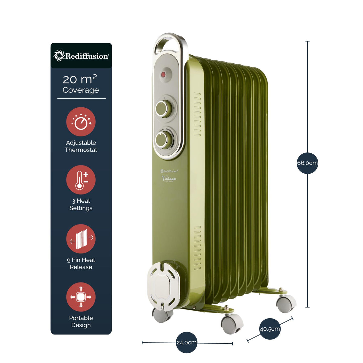 Rediffusion Vintage 9 Fin Oil Filled Radiator 2KW Olive Green