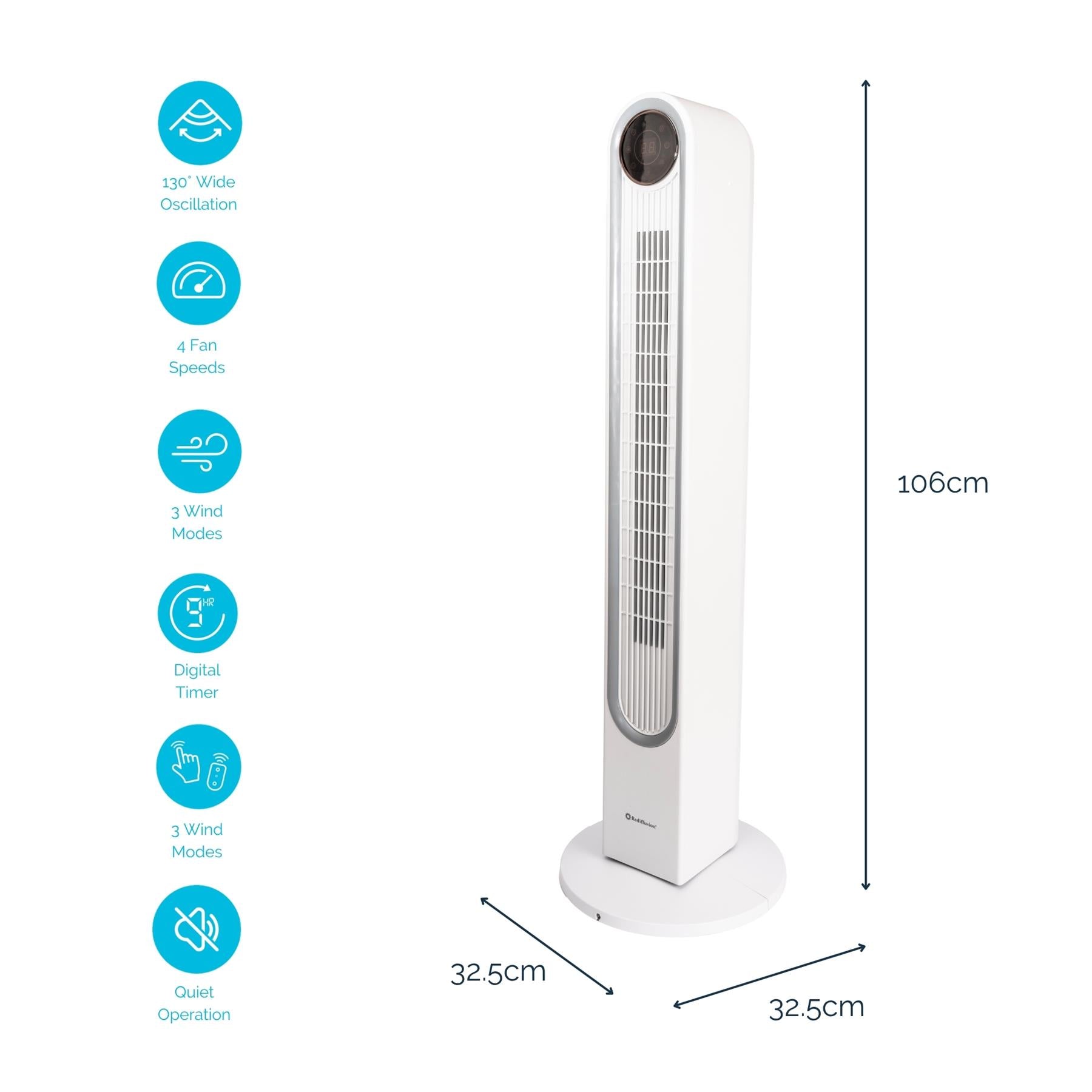 Rediffusion Halo 42" Digital Tower Fan - White
