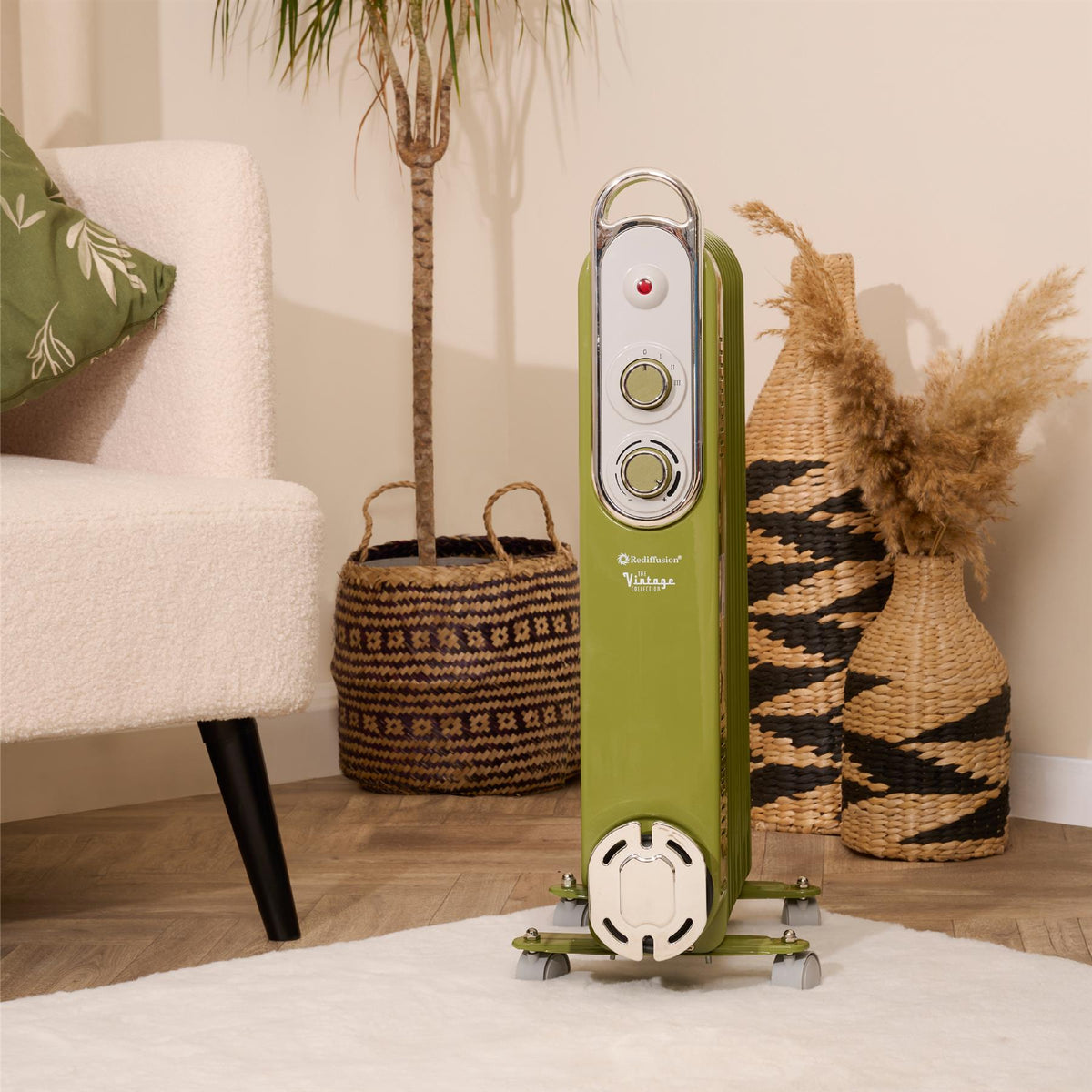 Rediffusion Vintage 9 Fin Oil Filled Radiator 2KW Olive Green