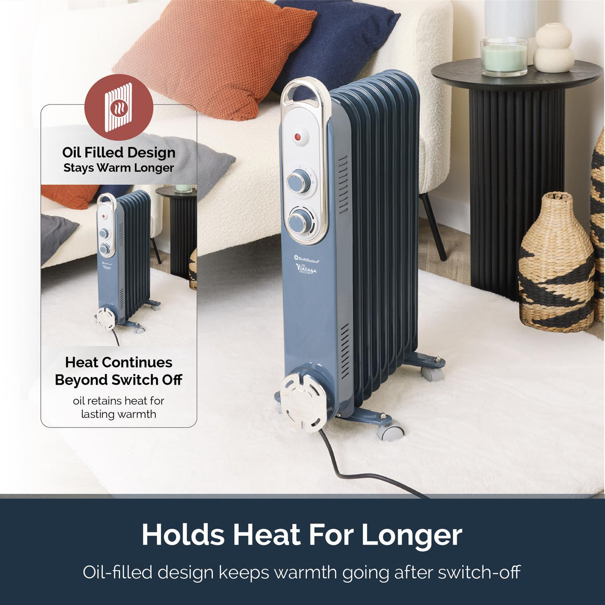 Rediffusion Vintage 9 Fin Oil Filled Radiator 2KW Slate Blue