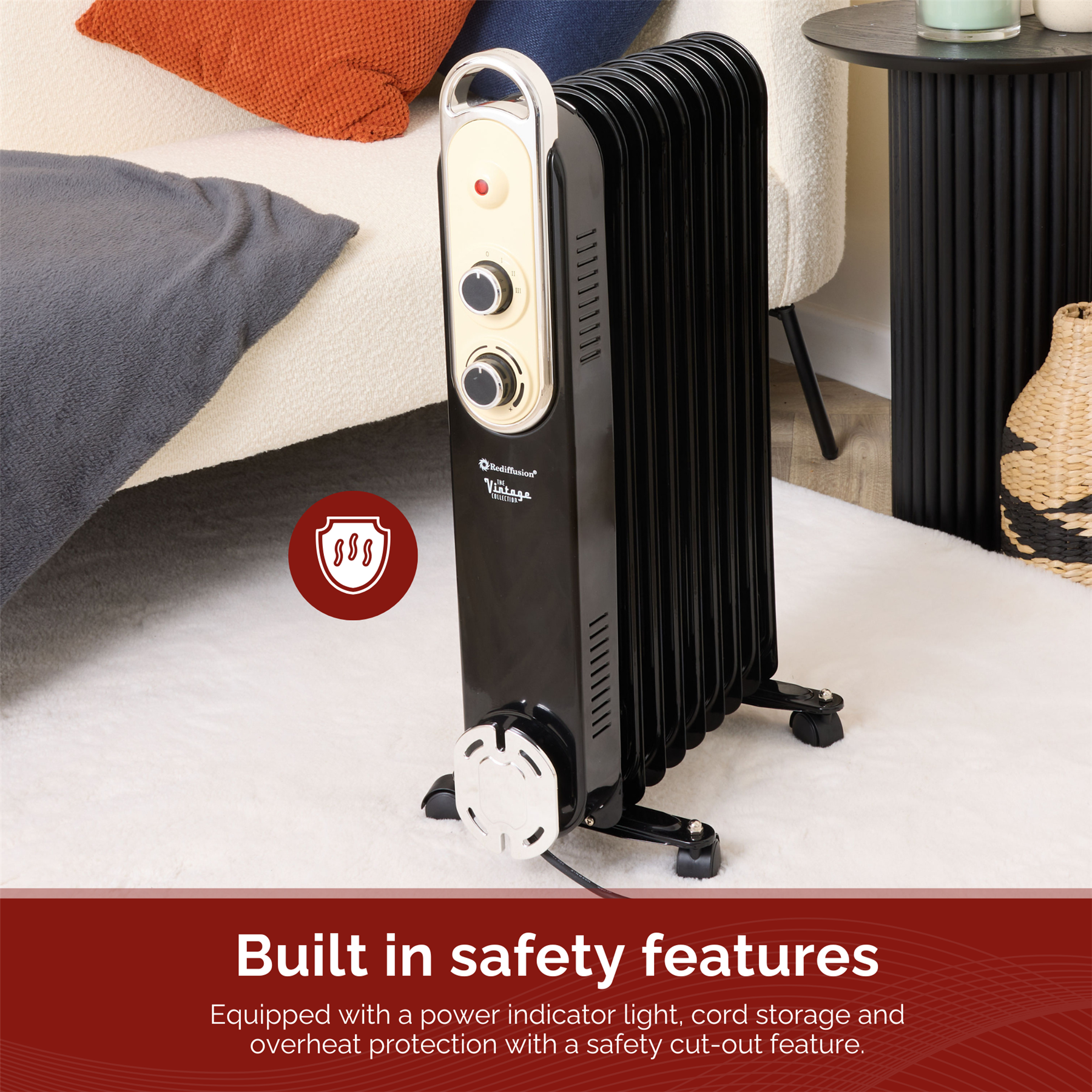 Rediffusion Vintage 9 Fin Oil Filled Radiator 2KW Black