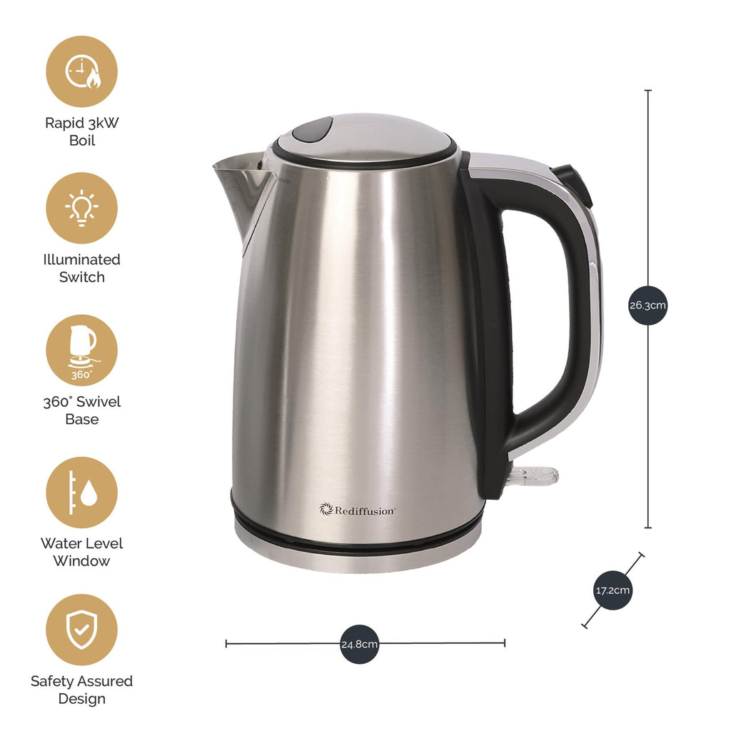 Rediffusion Brushed Stainless Steel 1.7L Kettle & 4 Slice Toaster Set
