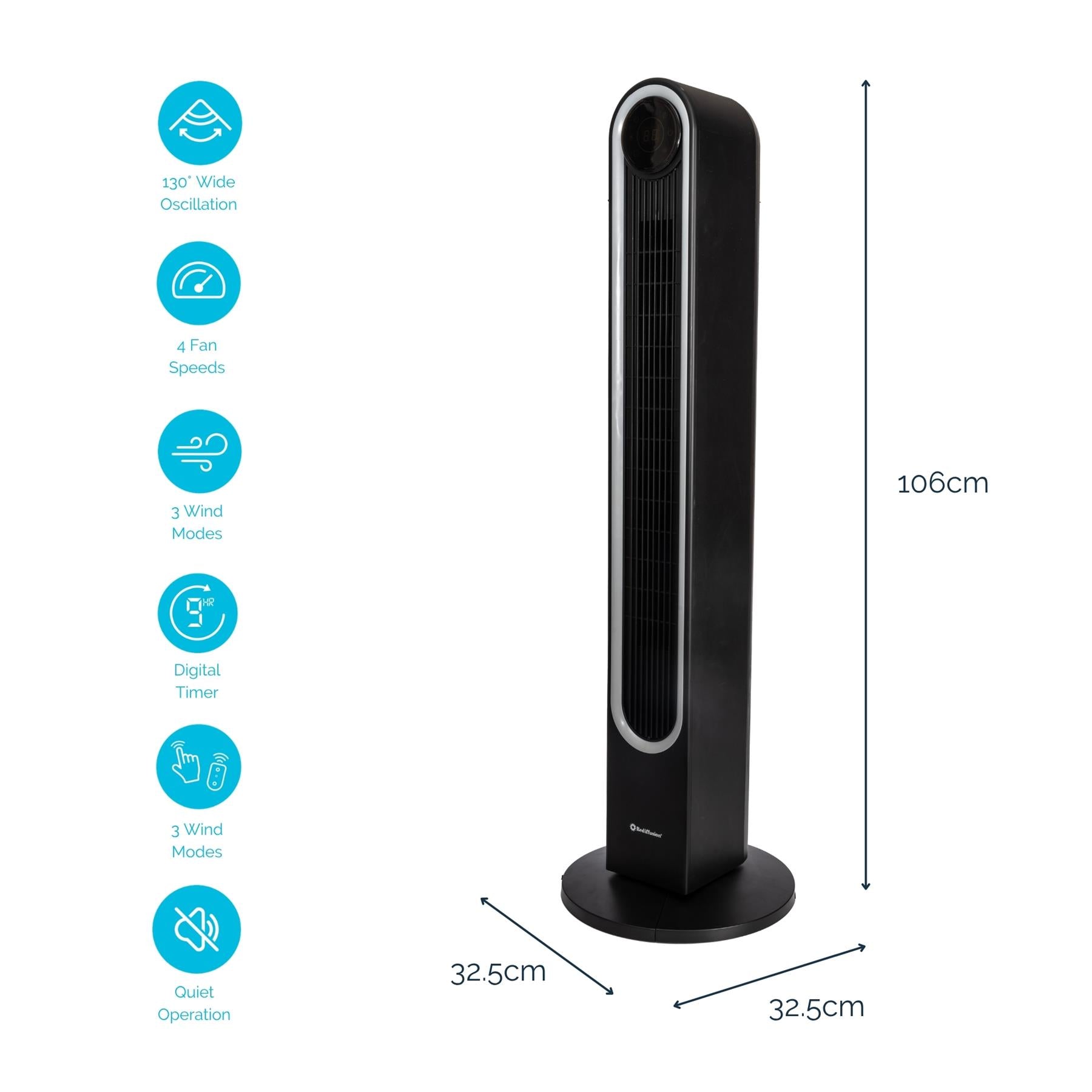 Rediffusion Halo 42" Digital Tower Fan - Black
