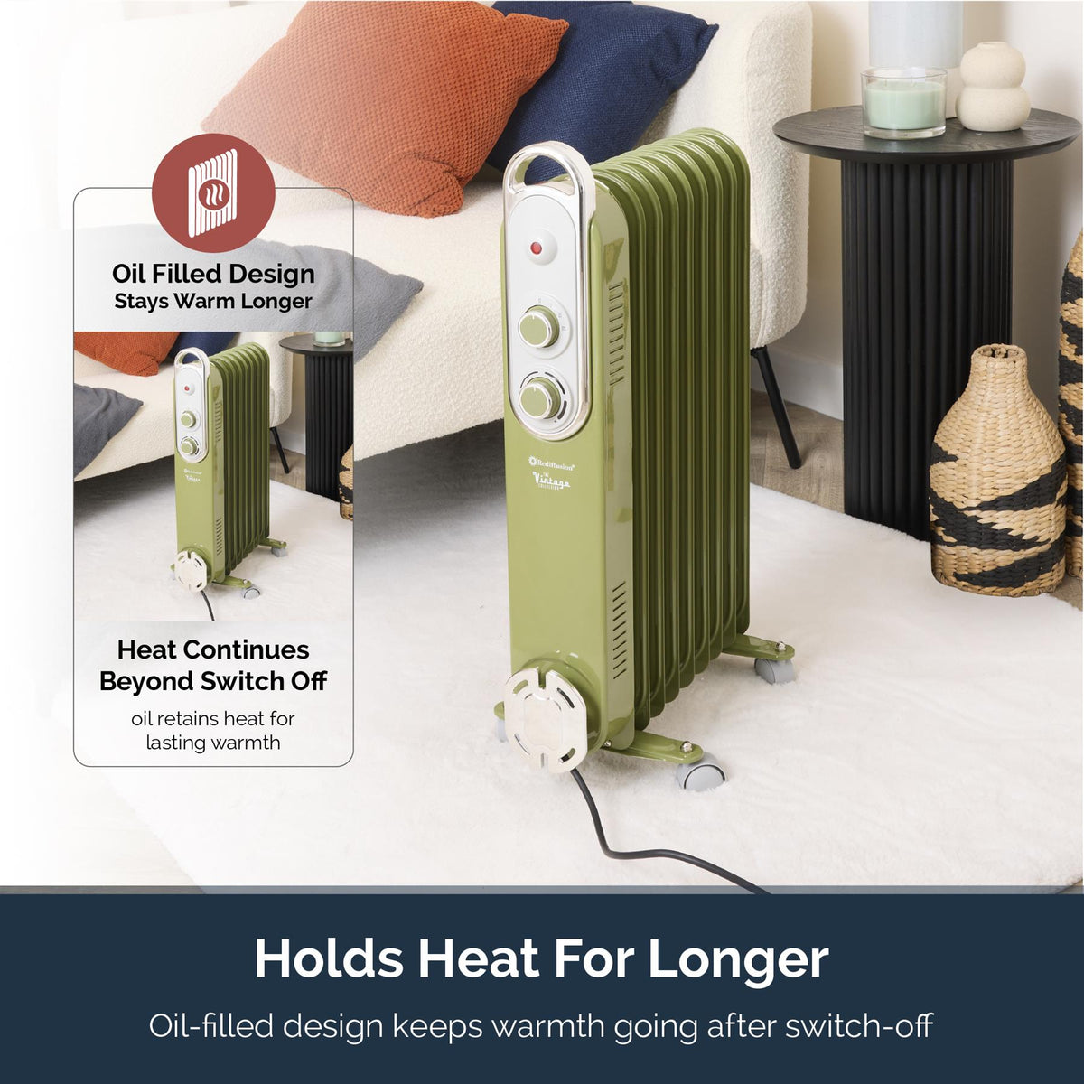 Rediffusion Vintage 9 Fin Oil Filled Radiator 2KW Olive Green