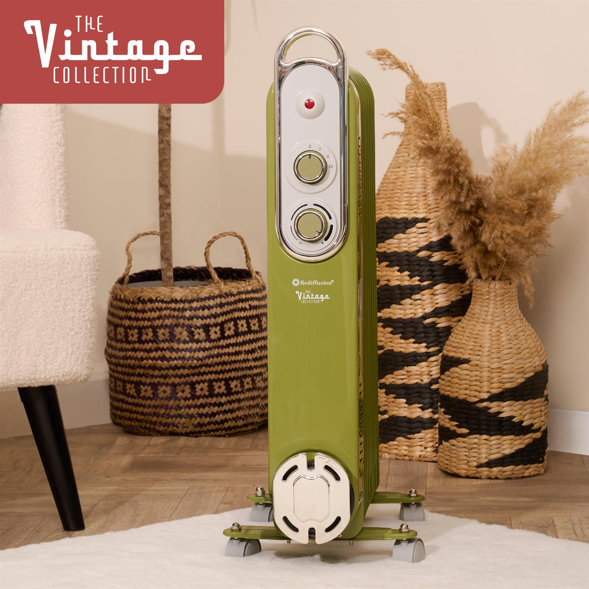 Rediffusion Vintage 9 Fin Oil Filled Radiator 2KW Olive Green