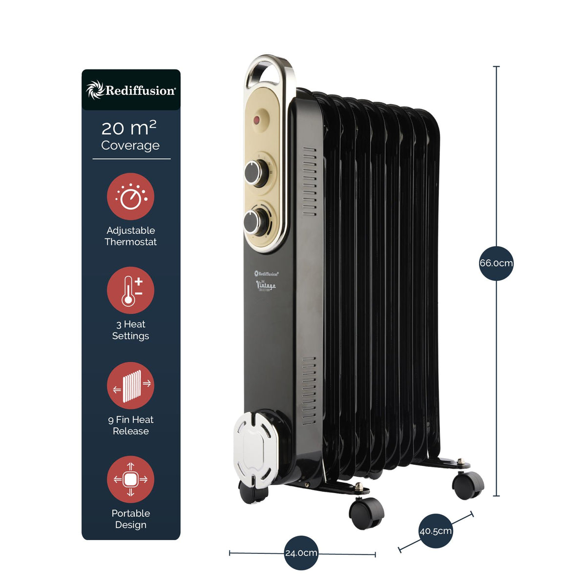 Rediffusion Vintage 9 Fin Oil Filled Radiator 2KW Black