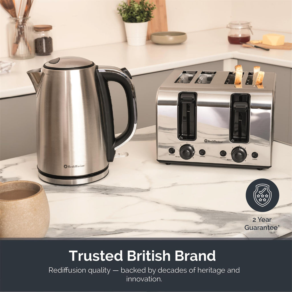 Rediffusion Brushed Stainless Steel 1.7L Kettle & 4 Slice Toaster Set