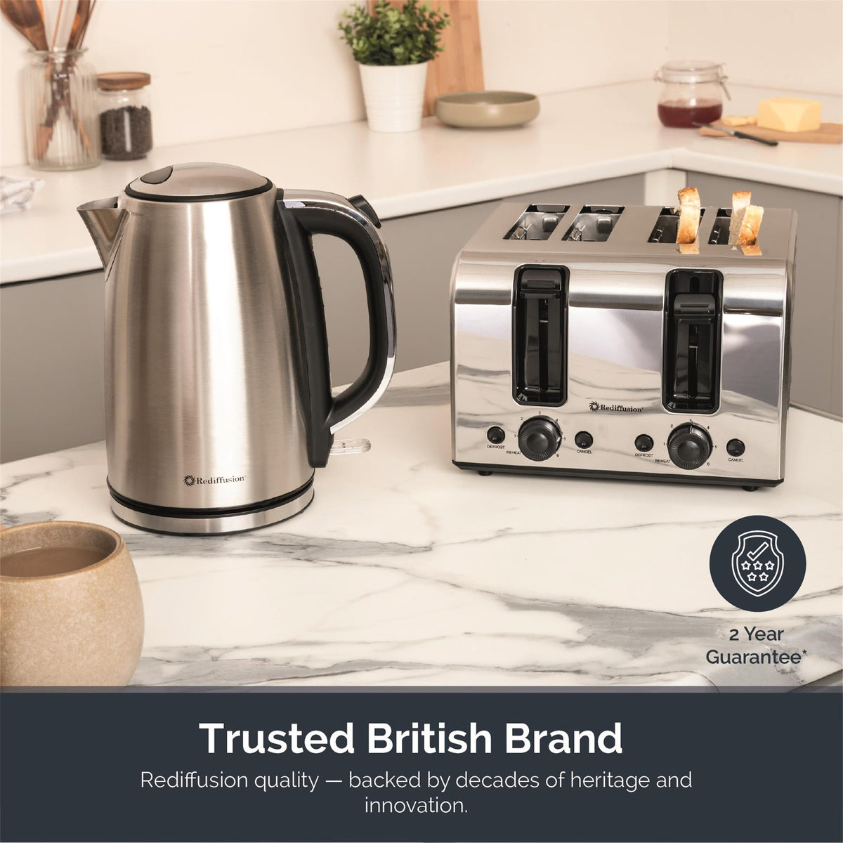 Rediffusion Brushed Stainless Steel 1.7L Kettle & 4 Slice Toaster Set