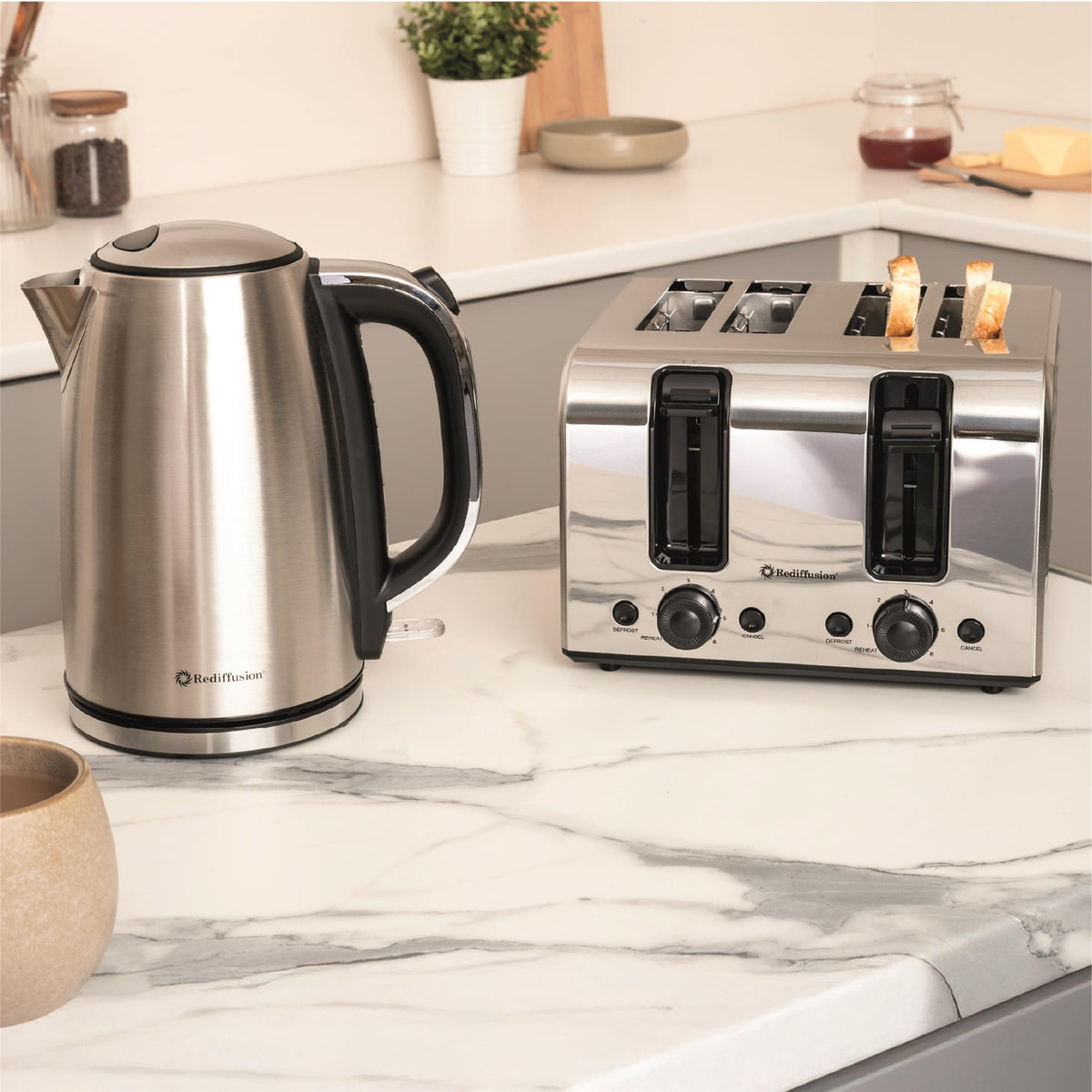 Rediffusion Brushed Stainless Steel 1.7L Kettle & 4 Slice Toaster Set