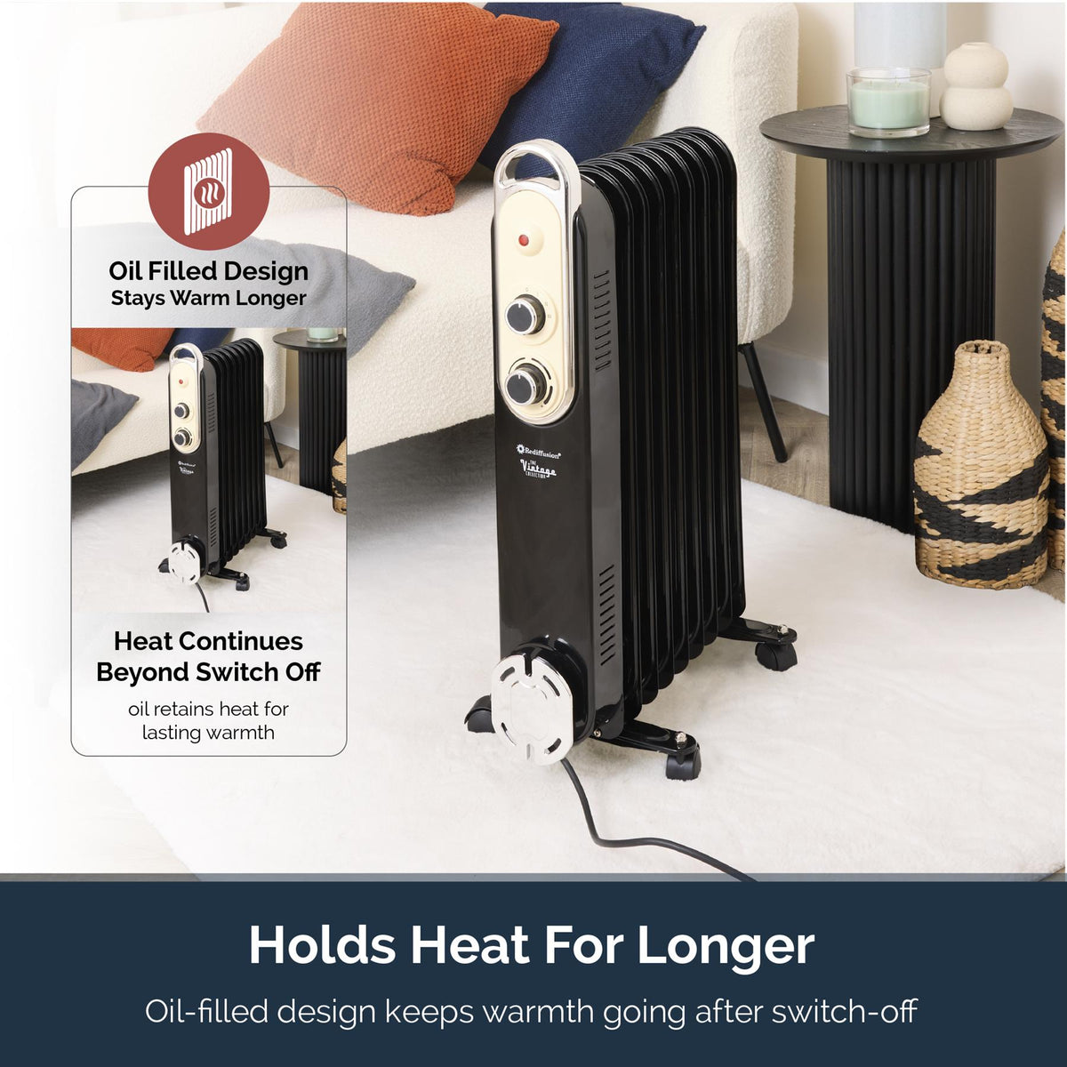 Rediffusion Vintage 9 Fin Oil Filled Radiator 2KW Black