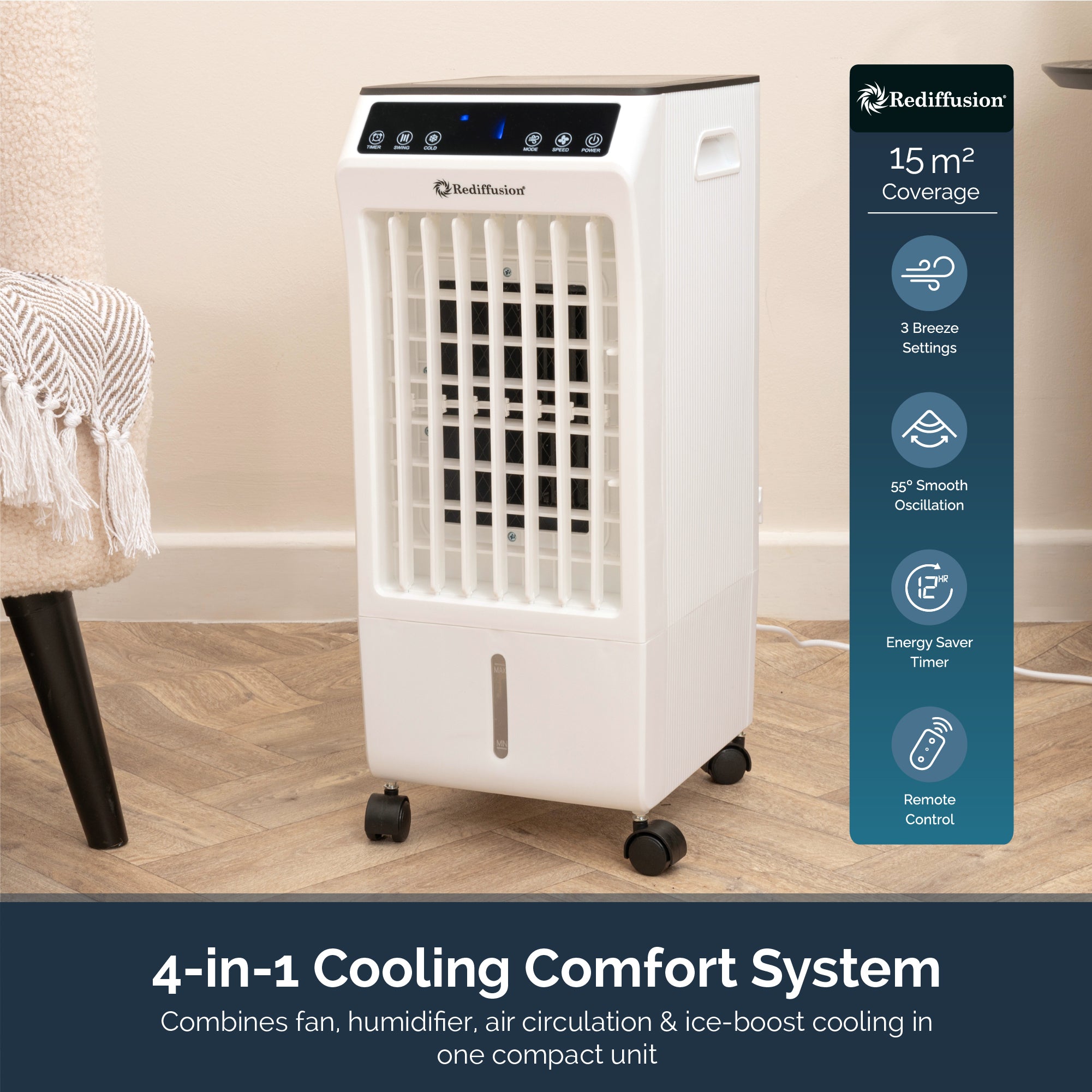 Rediffusion 4-in-1 Digital 6L Evaporative Air Cooler - White