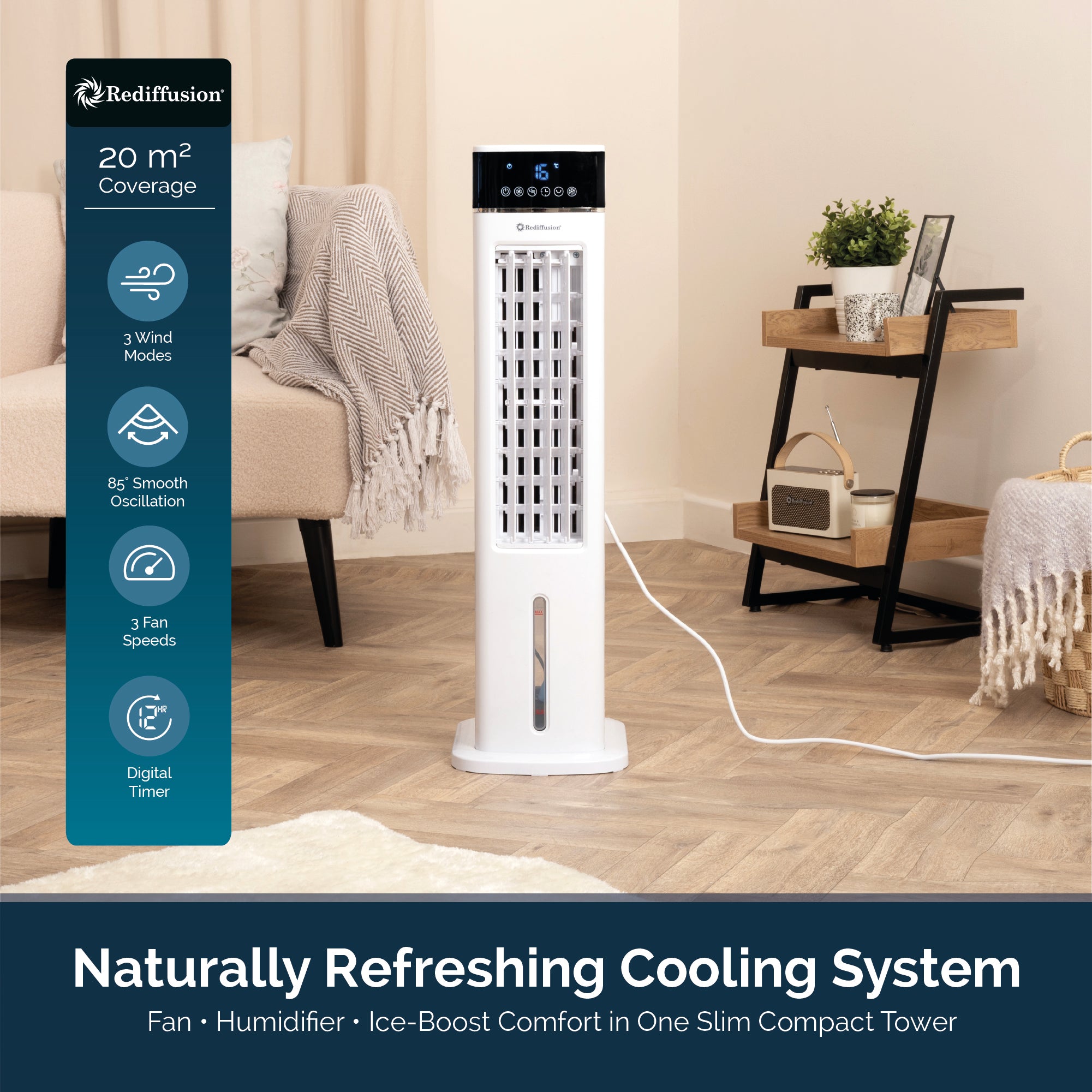 Rediffusion TurboChill 3-in-1 Digital Tower Air Cooler - White