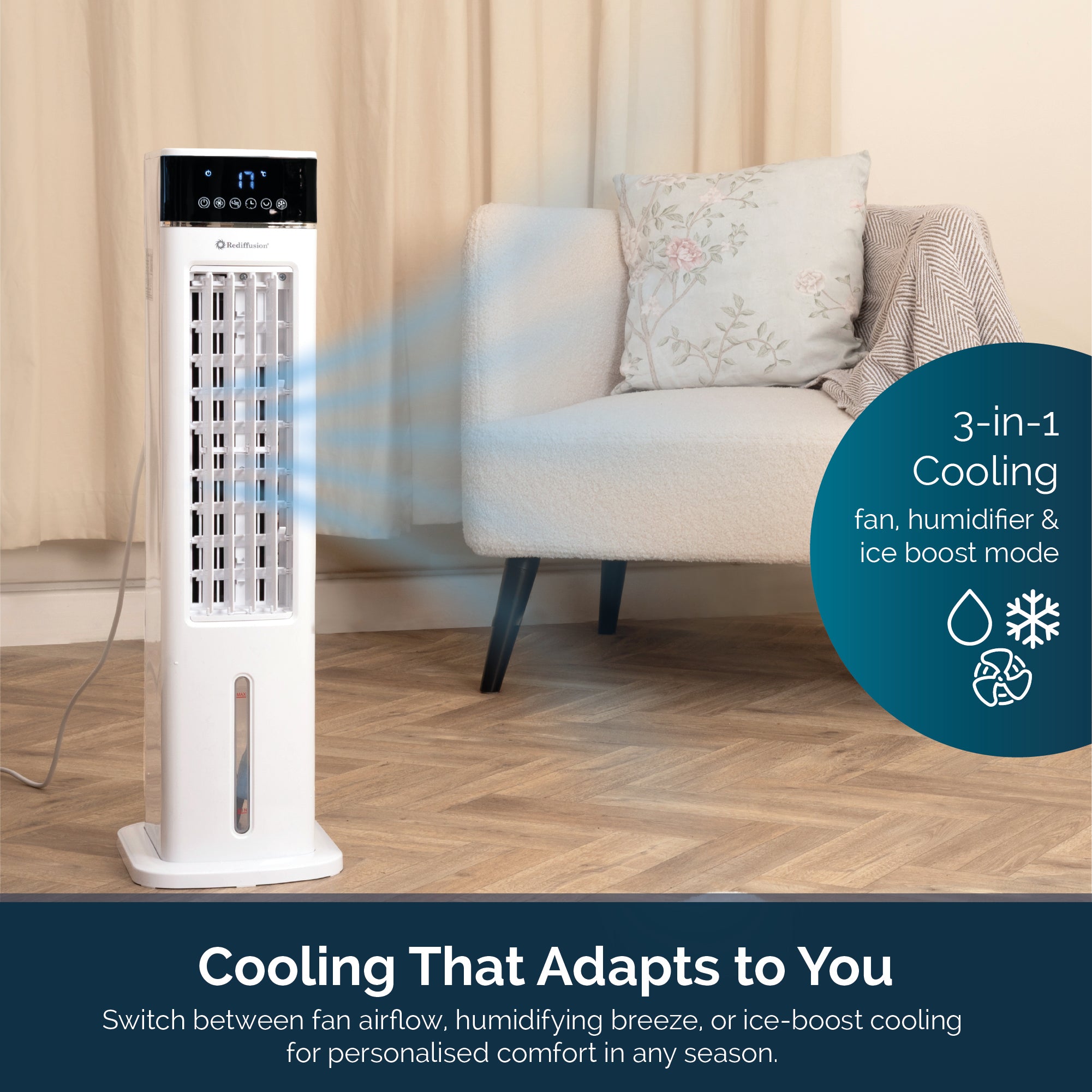 Rediffusion TurboChill 3-in-1 Digital Tower Air Cooler - White