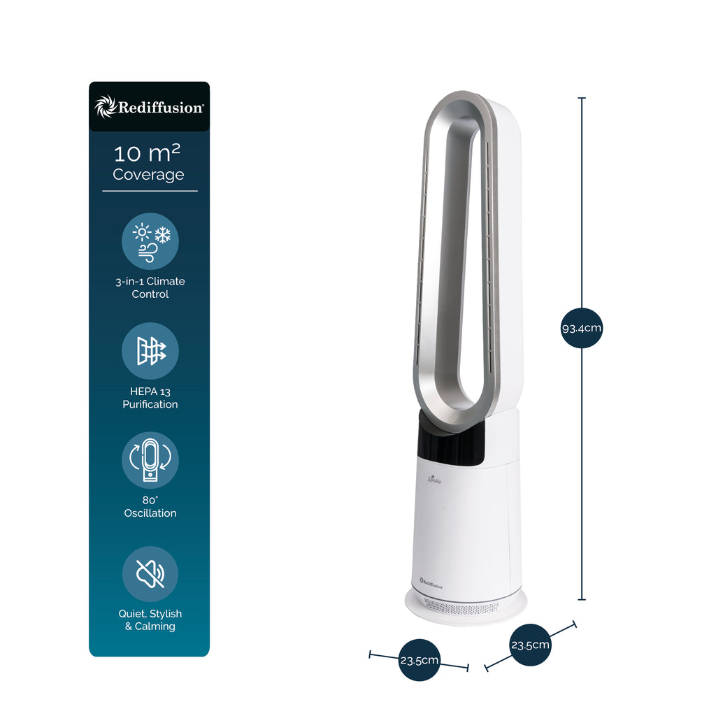 Rediffusion ZenAir Bladeless 3 in 1 Air Purifier, Fan & Heater - White