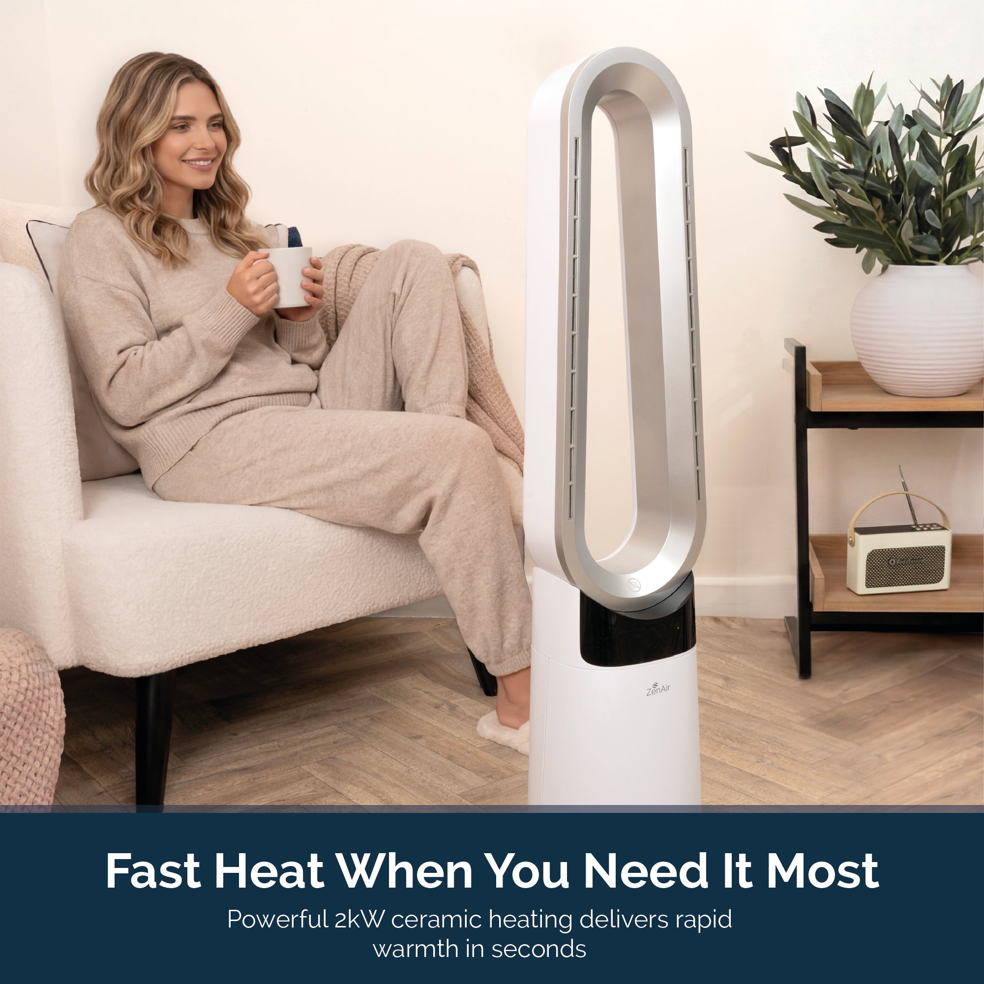 Rediffusion ZenAir Bladeless 3 in 1 Air Purifier, Fan & Heater - White