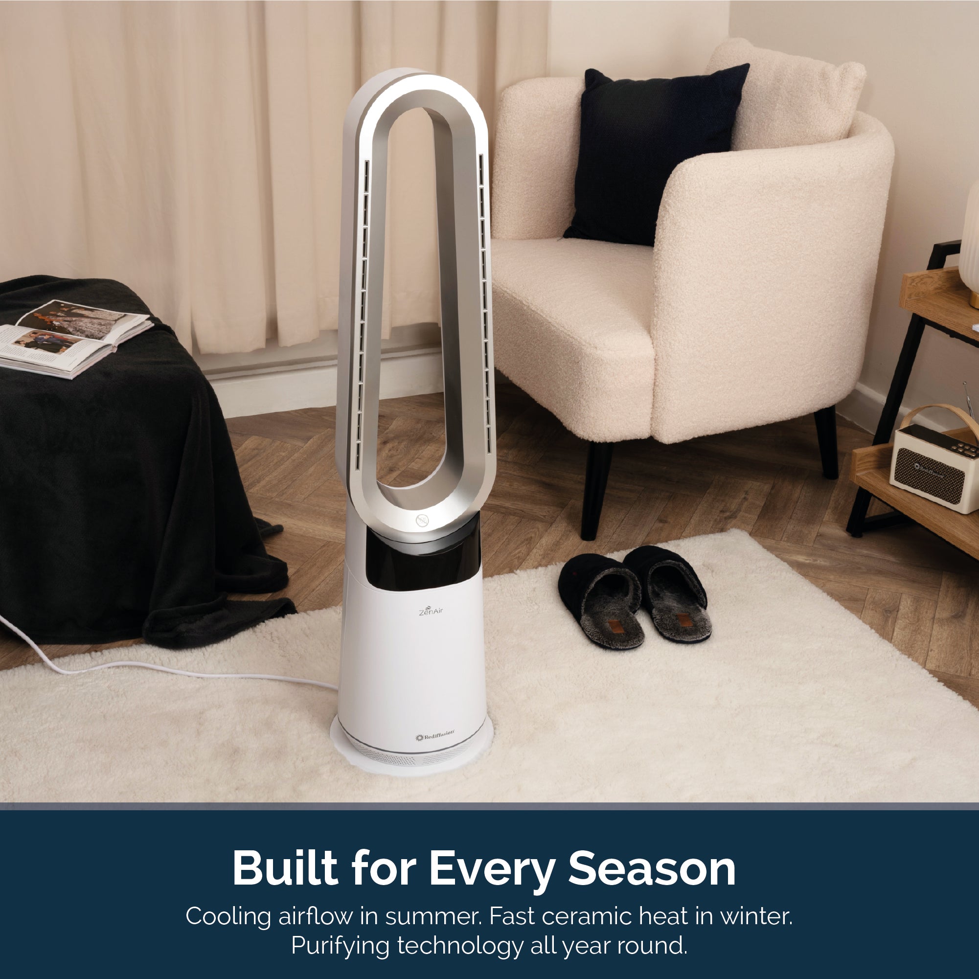 Rediffusion ZenAir Bladeless 3 in 1 Air Purifier, Fan & Heater - White
