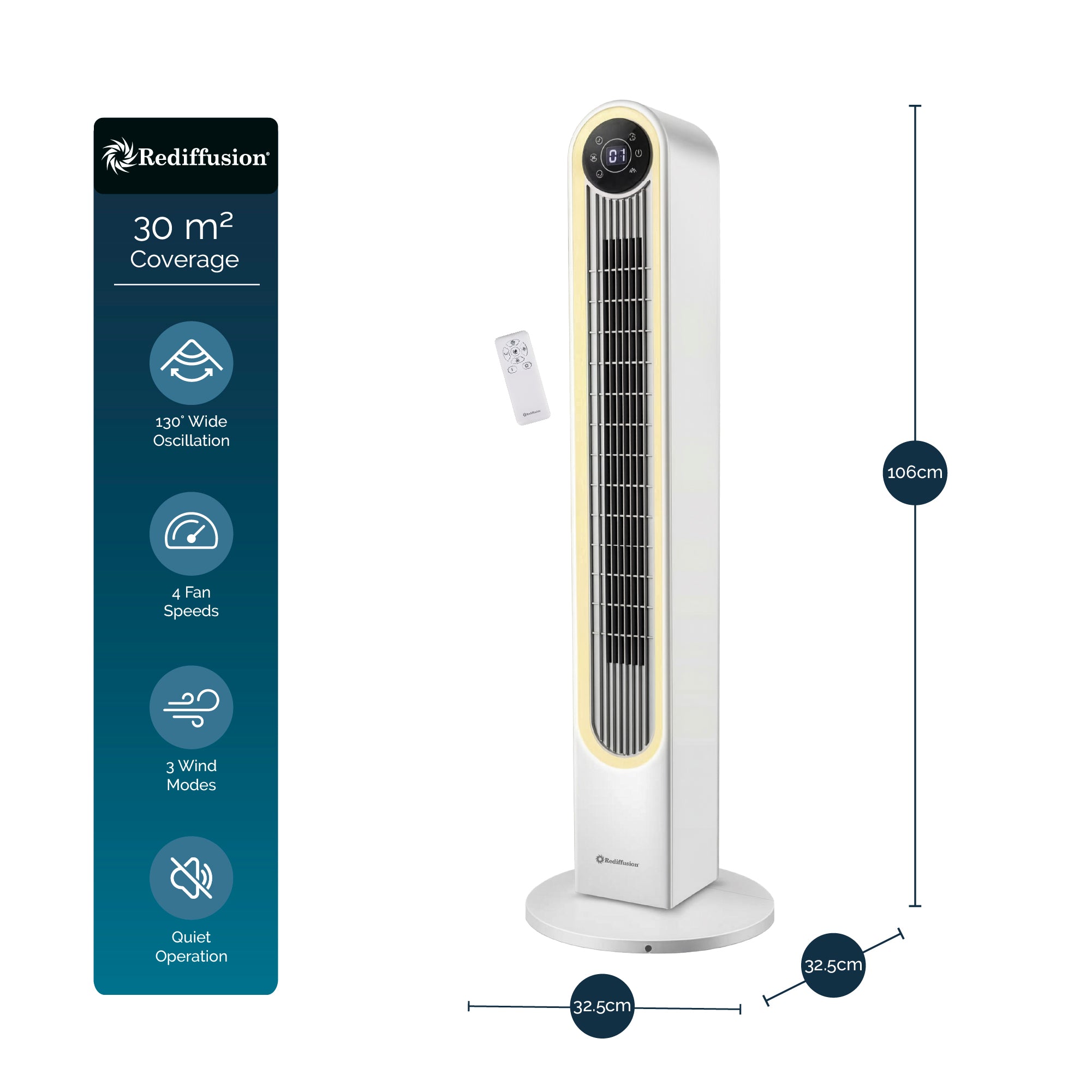 Rediffusion Halo 42" Digital Tower Fan - White