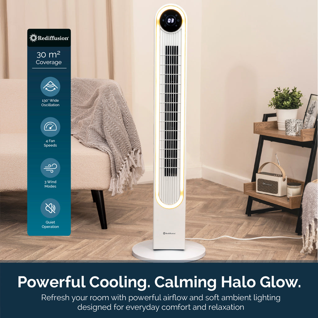 Rediffusion Halo 42" Digital Tower Fan - White