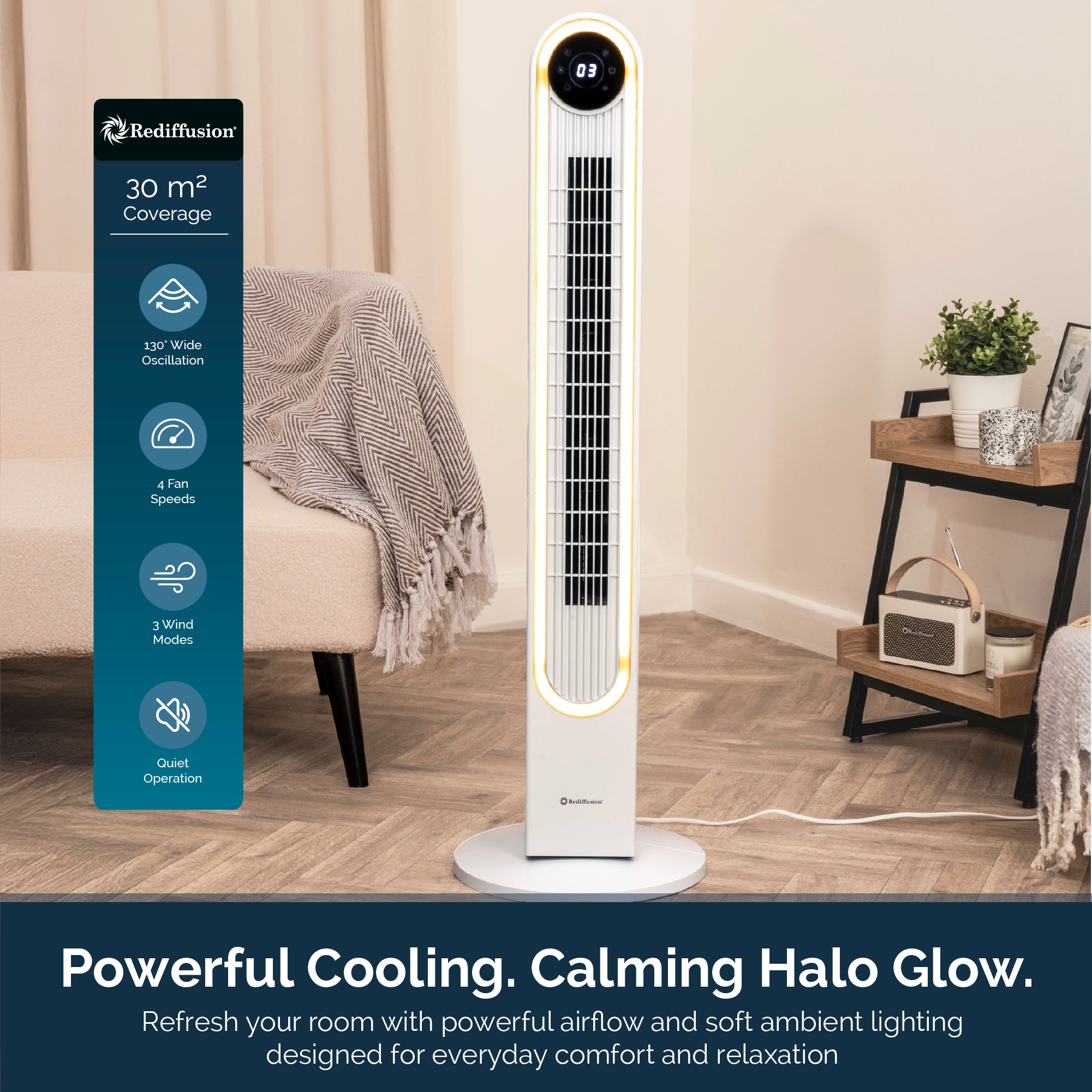 Rediffusion Halo 42" Digital Tower Fan - White
