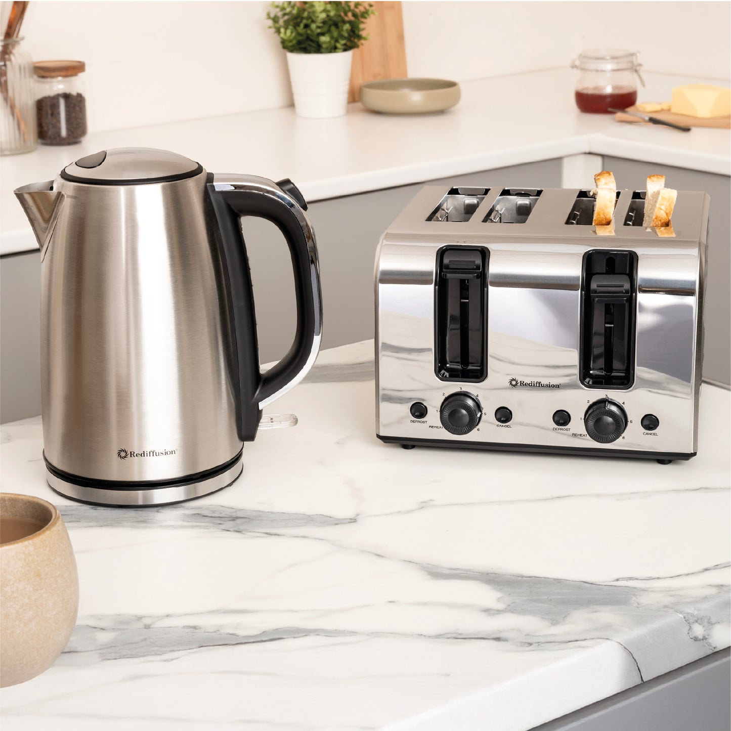 Rediffusion Brushed Stainless Steel 1.7L Kettle & 4 Slice Toaster Set