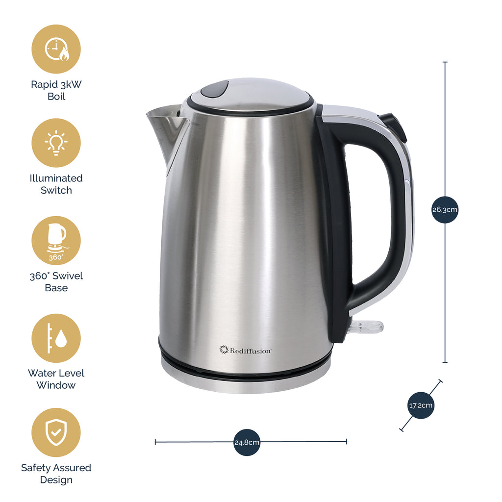 Rediffusion Brushed Stainless Steel 1.7L Kettle & 4 Slice Toaster Set