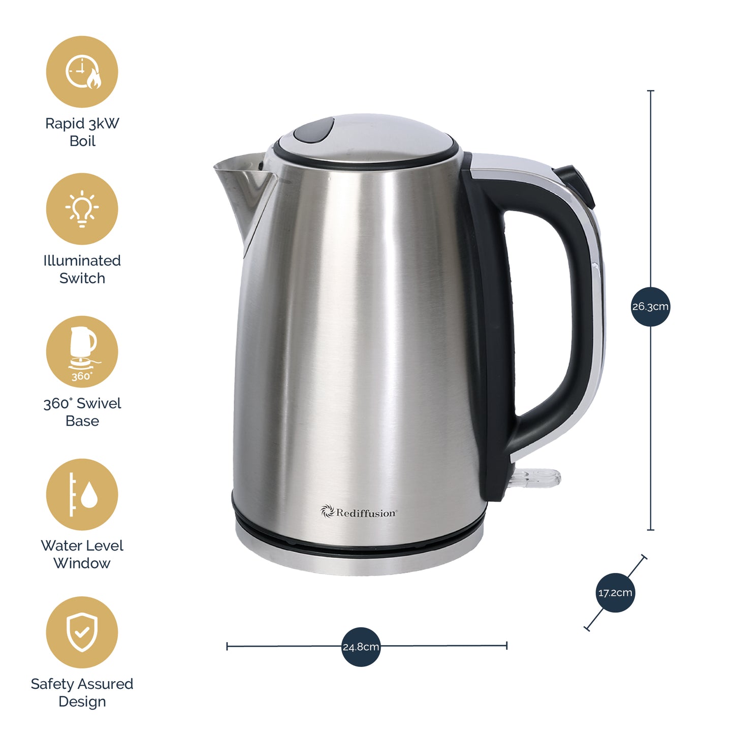 Rediffusion Brushed Stainless Steel 1.7L Kettle & 4 Slice Toaster Set