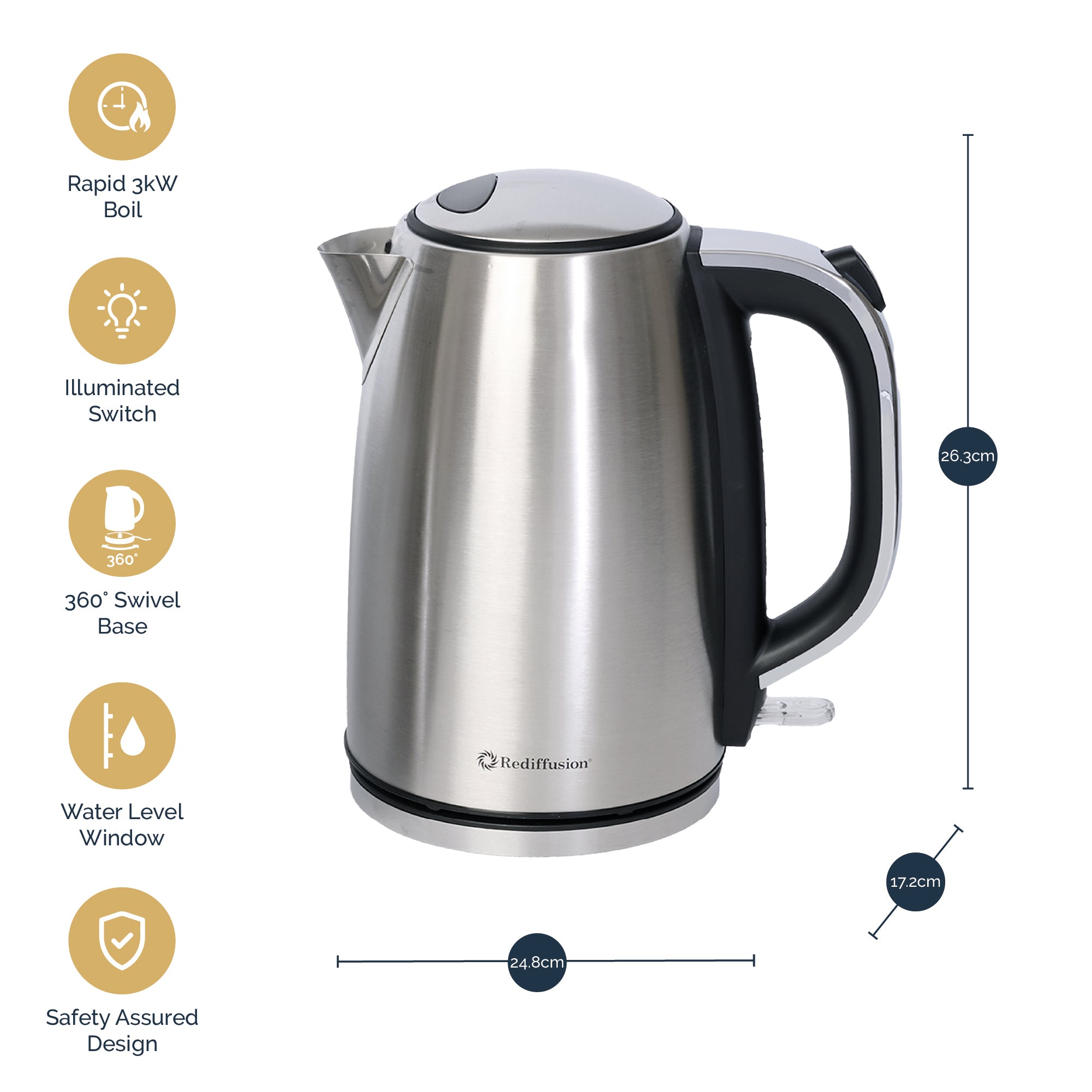 Rediffusion Brushed Stainless Steel 1.7L Kettle & 4 Slice Toaster Set