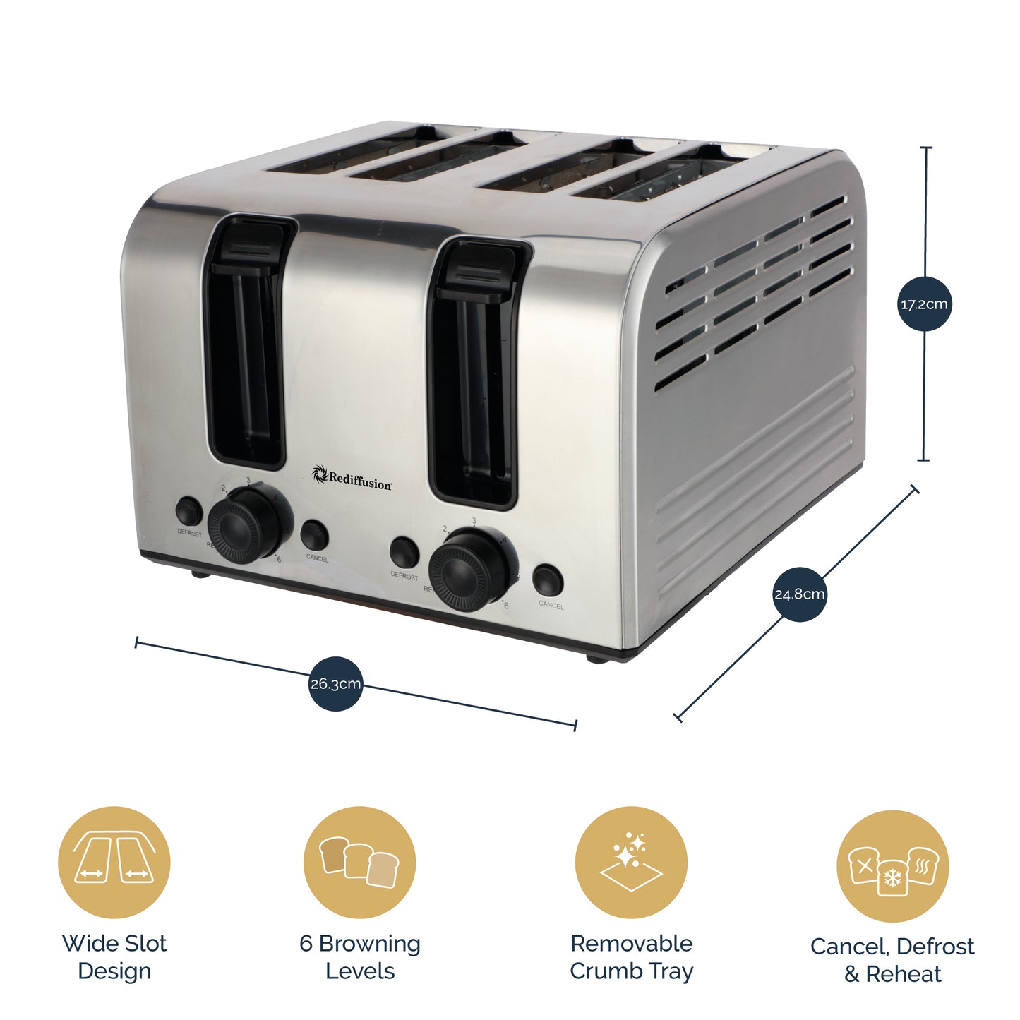 Rediffusion Brushed Stainless Steel 1.7L Kettle & 4 Slice Toaster Set