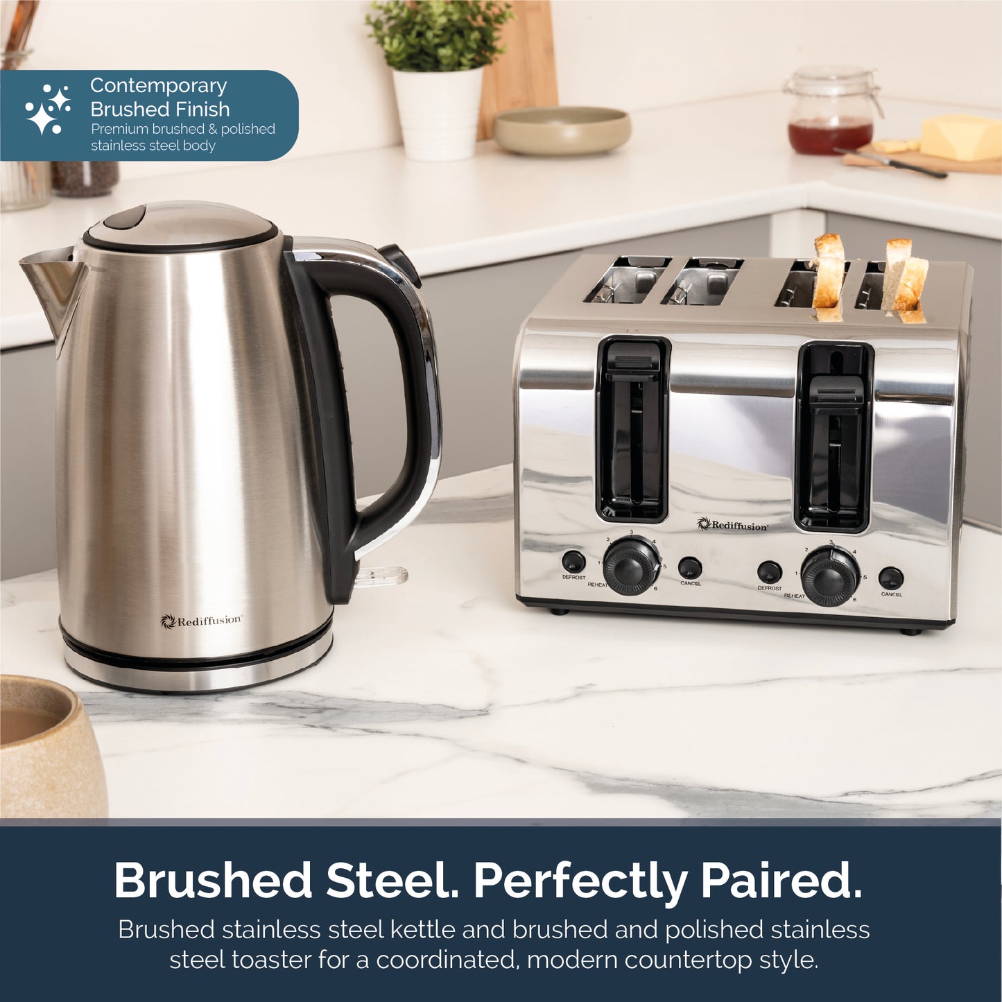Rediffusion Brushed Stainless Steel 1.7L Kettle & 4 Slice Toaster Set
