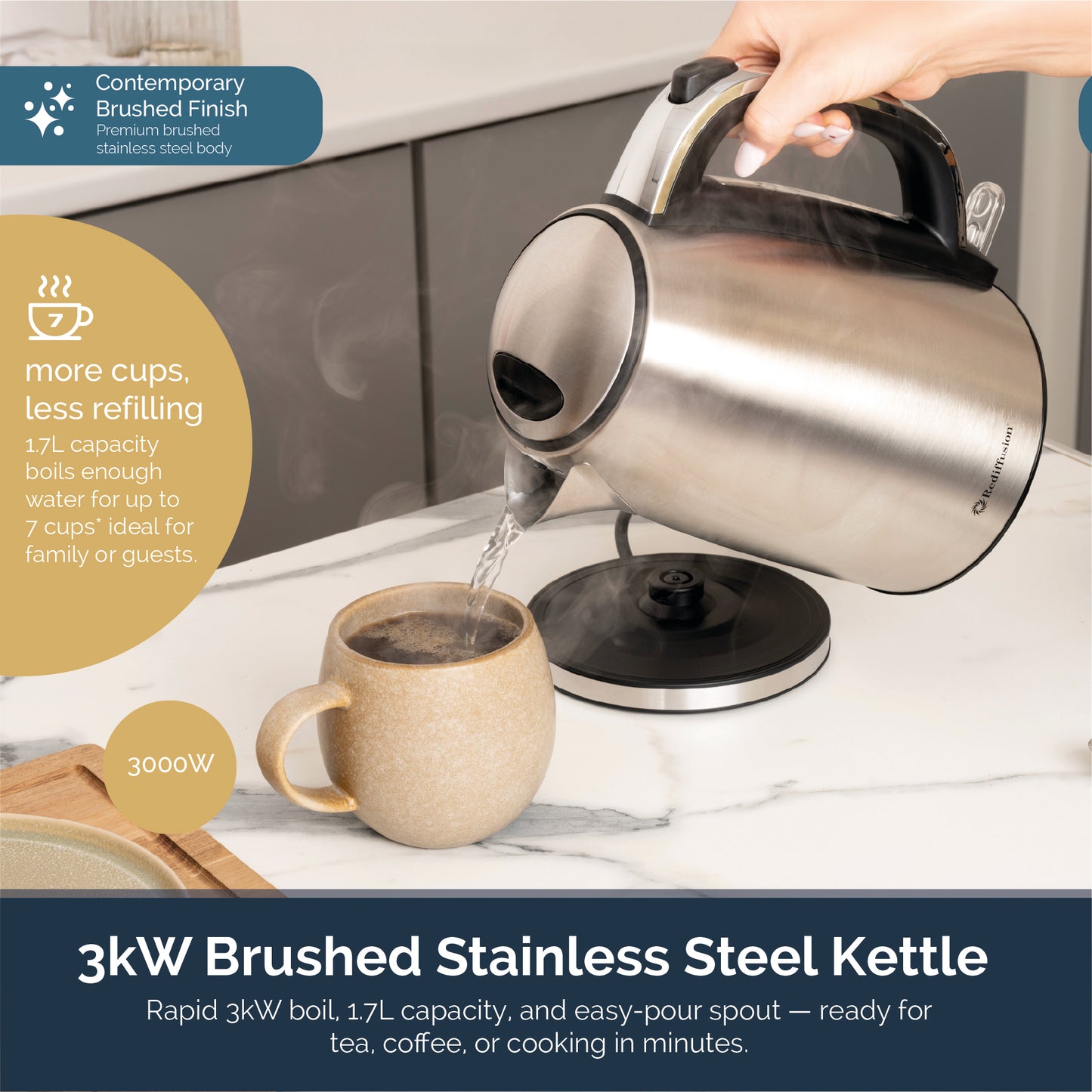 Rediffusion Brushed Stainless Steel 1.7L Kettle & 4 Slice Toaster Set