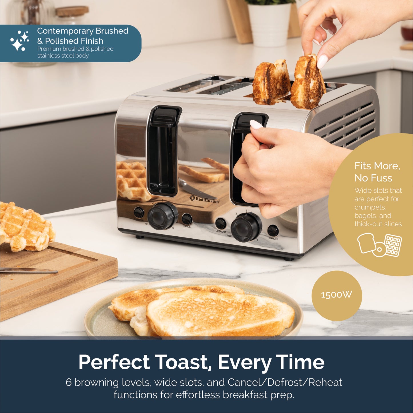 Rediffusion Brushed Stainless Steel 1.7L Kettle & 4 Slice Toaster Set