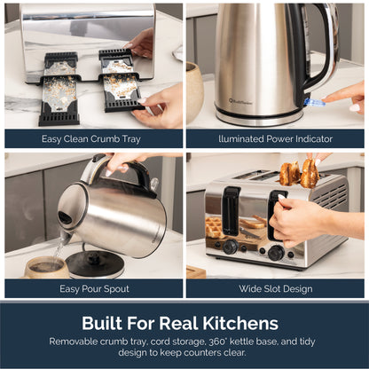 Rediffusion Brushed Stainless Steel 1.7L Kettle & 4 Slice Toaster Set