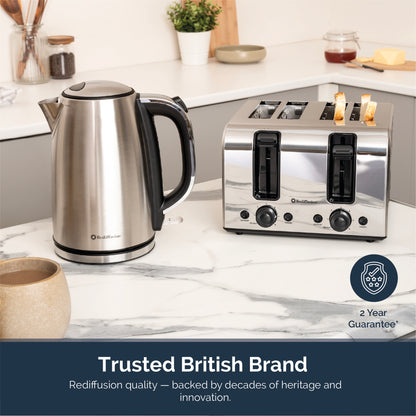 Rediffusion Brushed Stainless Steel 1.7L Kettle & 4 Slice Toaster Set