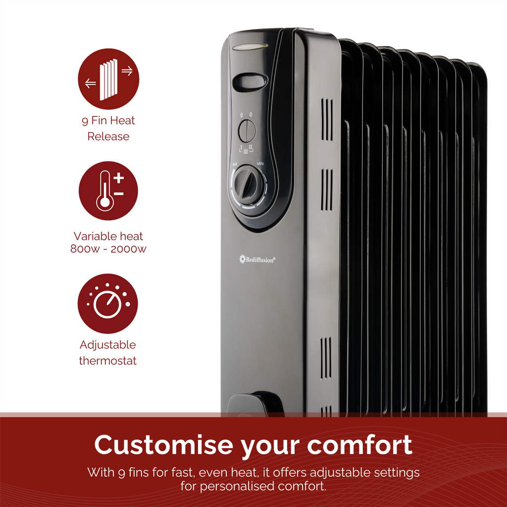 Rediffusion 9 Fin Oil Filled Radiator 2KW Black