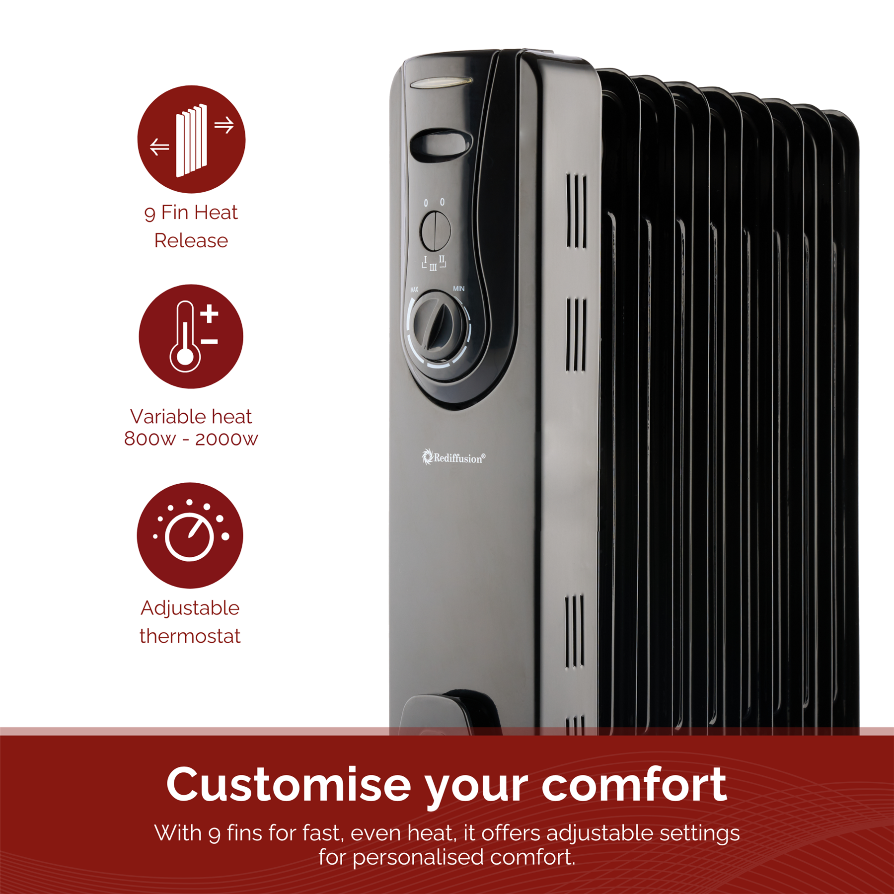 Rediffusion 9 Fin Oil Filled Radiator 2KW Black