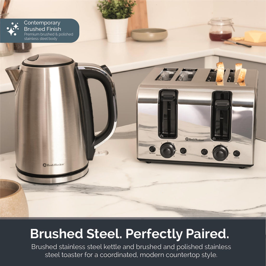 Rediffusion Brushed Stainless Steel 1.7L Kettle & 4 Slice Toaster Set