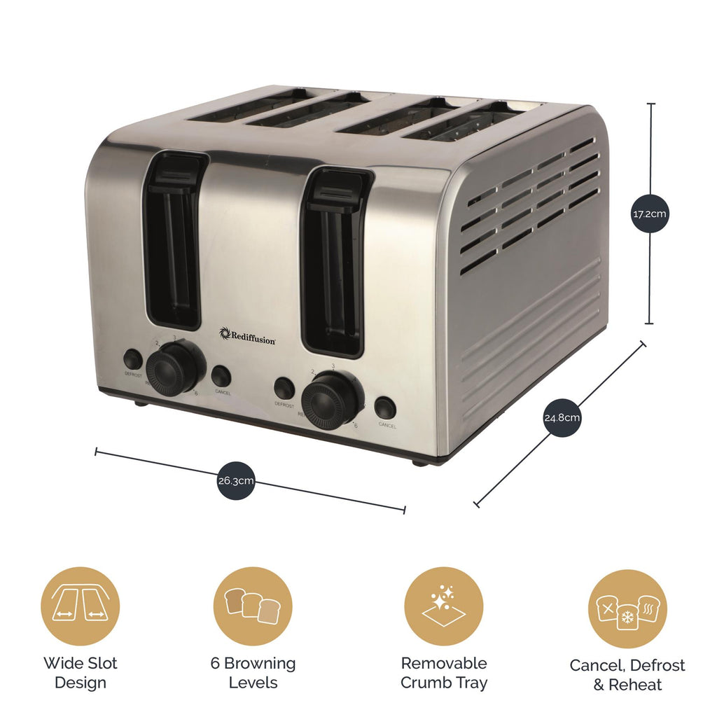 Rediffusion Brushed Stainless Steel 1.7L Kettle & 4 Slice Toaster Set