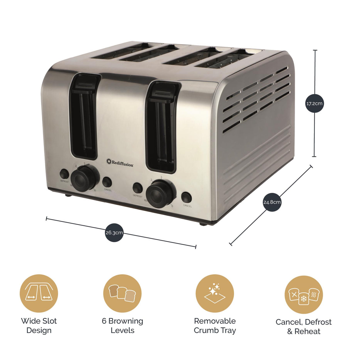 Rediffusion Brushed Stainless Steel 1.7L Kettle & 4 Slice Toaster Set