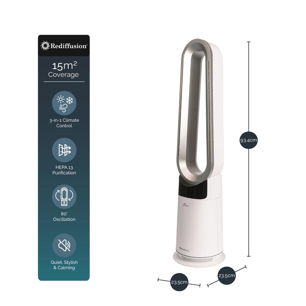 Rediffusion ZenAir Bladeless 3 in 1 Air Purifier, Fan & Heater - White