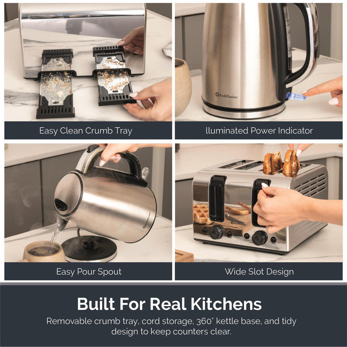 Rediffusion Brushed Stainless Steel 1.7L Kettle & 4 Slice Toaster Set