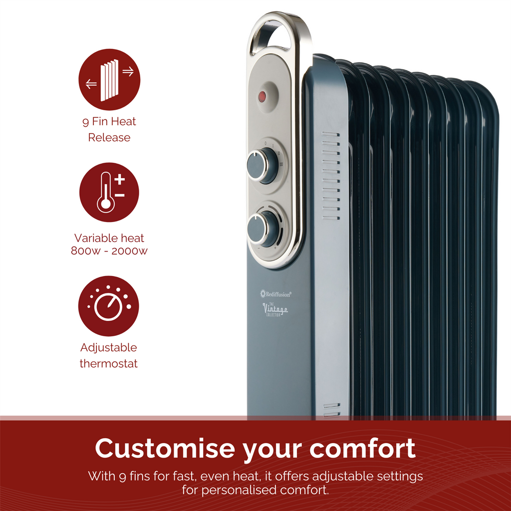 Rediffusion Vintage 9 Fin Oil Filled Radiator 2KW Blue