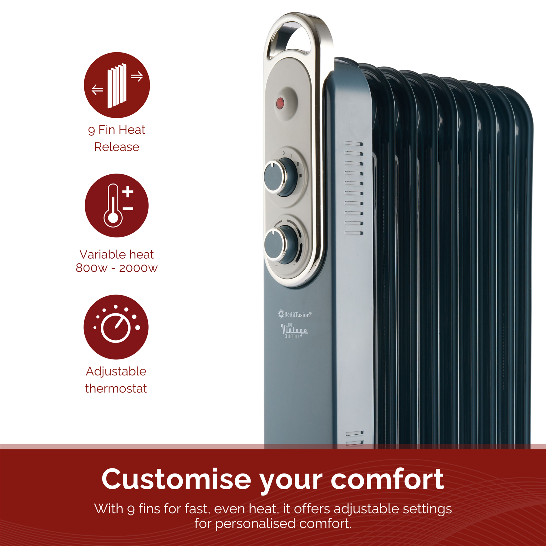 Rediffusion Vintage 9 Fin Oil Filled Radiator 2KW Blue