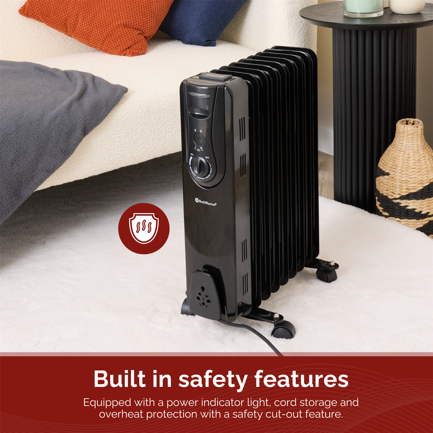 Rediffusion 9 Fin Oil Filled Radiator 2KW Black